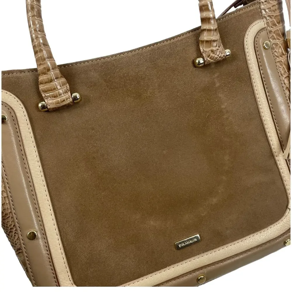 Brahmin Small Lena Satchel Bag Travertine Brevik Croc Embossed Suede Tan